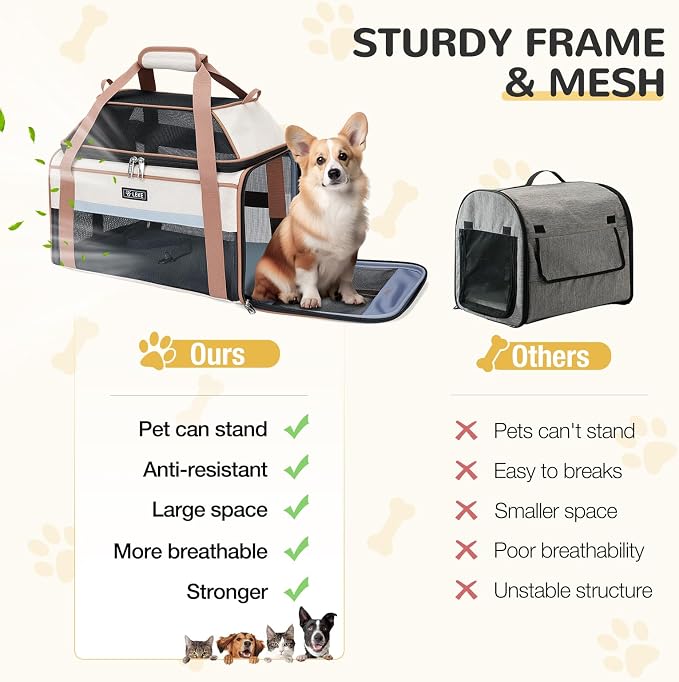 Lekereise Top-Expandable Pet Carrier 17x11x9.5 Inch Alaska Hawaiian Airline Approved Soft Sided Underseat to 12lbs Travel Carriers for Small Dogs and Cats with Locking Safety Zippers Anti-Scratch Mesh
