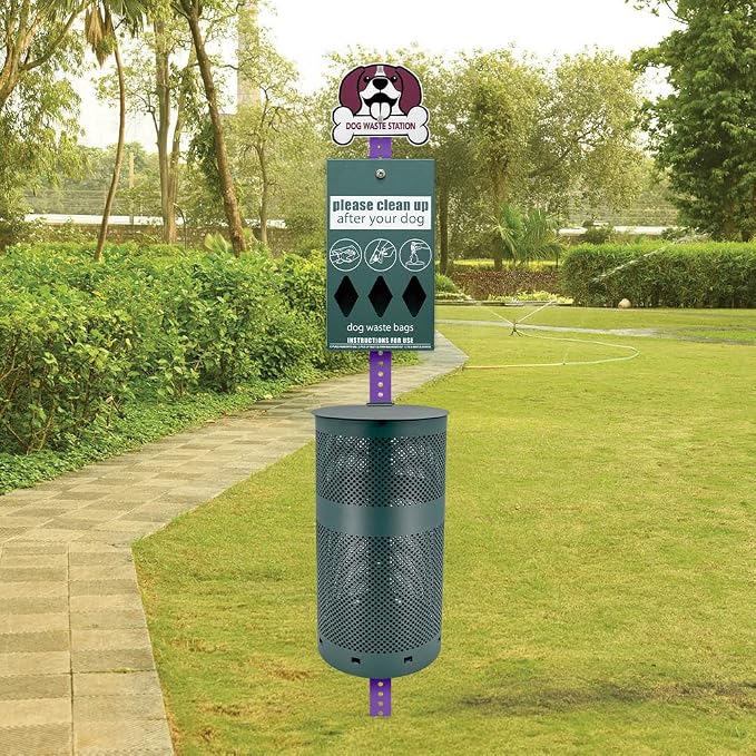 Zero Waste USA - Aluminum Dog Waste Station with Bags - Purple & Green | Purple dog design with rust-proof aluminum station, 400 roll bags, 25 liners, locking dispenser, 10-gallon waste can