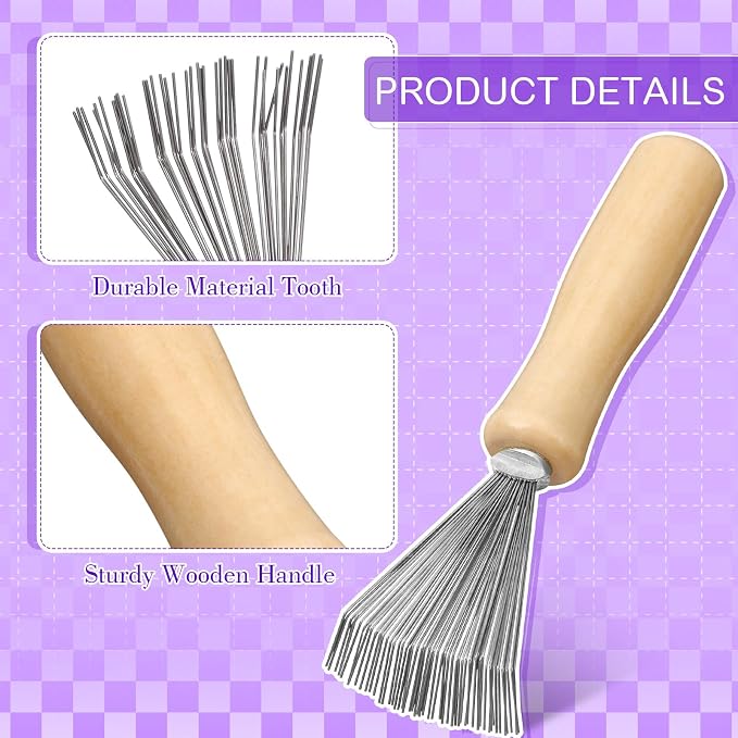 Boao 2 Pack Hair Brush Cleaning Tool,2-in-1 Comb Rake and Brush Cleaner for Removing Hair,Dust and Buildup,Mini Hairbrush Accessory for Home&salon(Purple, Wood Color,Polished Wooden Handle Rake)