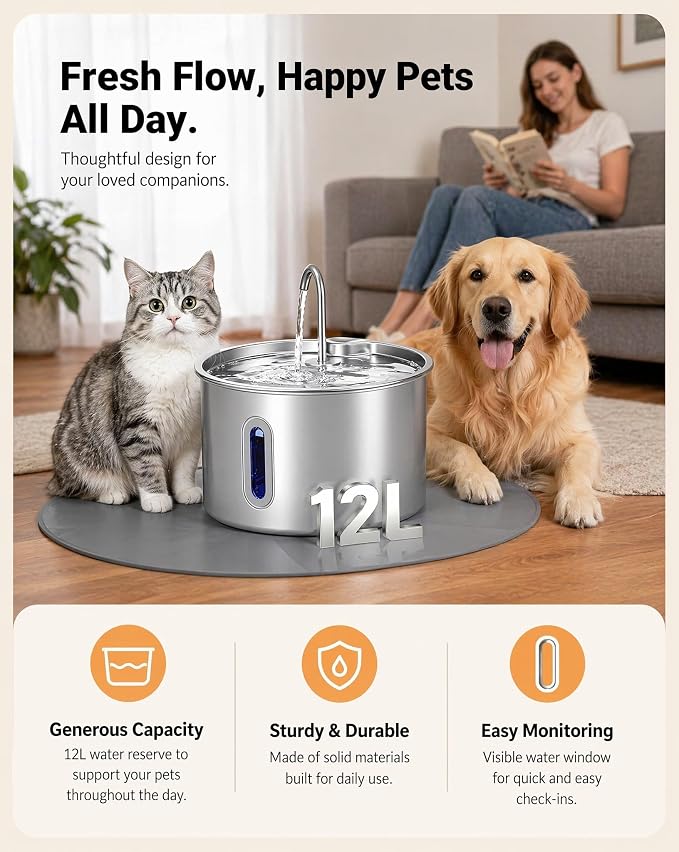 Stainless Steel Dog Water Fountain,12L/3.17Gal | Large Capacity 12 Pack Filter Visible Water Window Window LED Alert Anti-Splash Feeding Mat for MultiPet Homes
