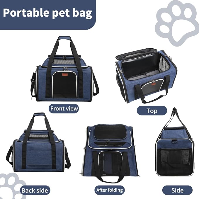 19" L x 12" W x 17" H Inches Cat, Dog Carrier for Pets Up to 25 Ibs, Washable，Soft Sided，Collapsible Travel Puppy Carrier. (Blue)