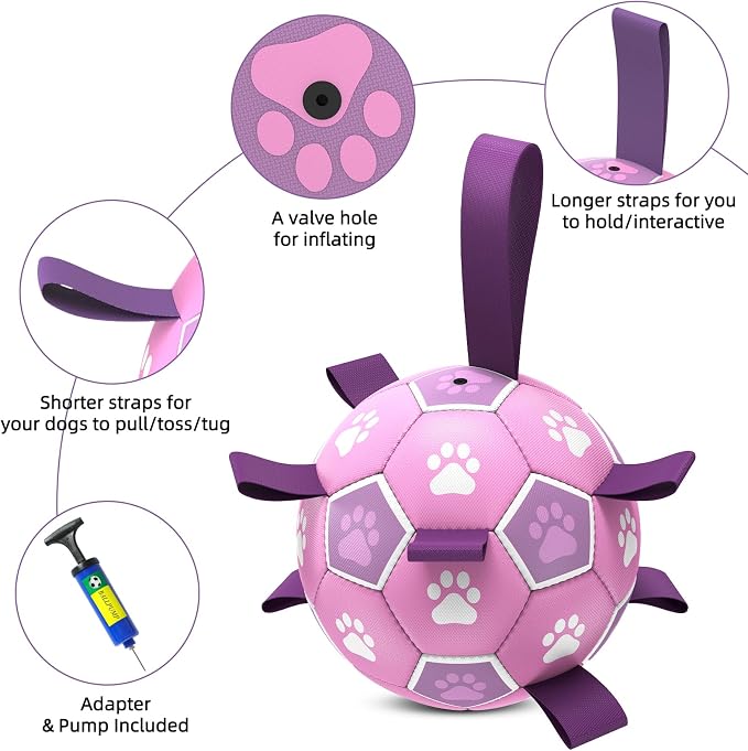 QDAN Dog Toys Soccer Ball with Straps - Durable Balls for Small Medium Dogs, Beach Pool Water Toy Dog Tug Toys for Tug of War, Puppy Pet Birthday Gifts (6 Inch)