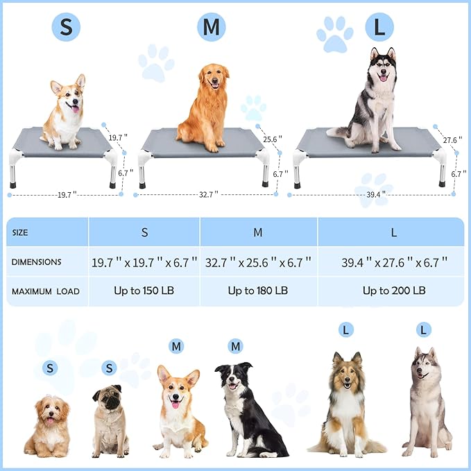 Elevated Dog Bed, Raised Outdoor Dog Bed for Medium Dogs, Portable Pet Cots | Cooling Elevated Bed for Dogs, Portable Pet Cots, No-Slip Rubber Feet, Double Layer Polyester Cotton, 34"L x 26"W x 6.5"H