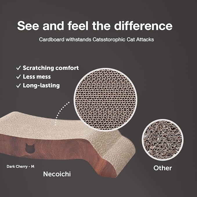 Necoichi Cardboard Cat Scratcher Bed for Indoor Cats - Cat Scratching Board, Horizontal Cat Scratch Pad Lounger with Reversible Usability and Extra Comfort for Lounge, Curved (17" Medium, Dark Cherry)