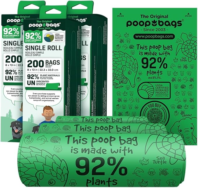 The Original Poop Bags® 92% Plant-Based Dog Waste Bags, USDA Certified Biobased, Extra-Large & Leak-Proof, Single Bulk Roll (600 Count (Pack of 3))