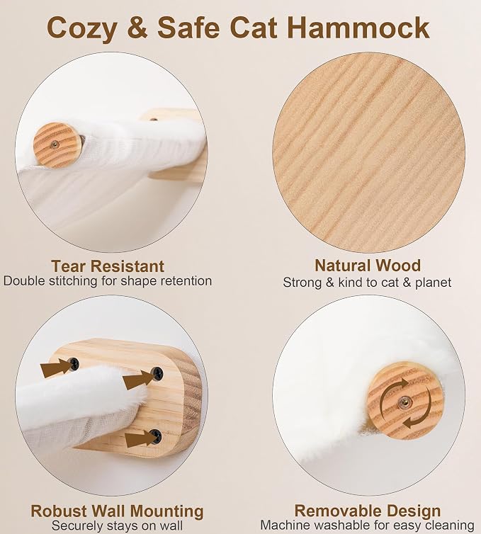 Cat Scraching Post Wall Shelves Set of 3 –1 Floating Fabric Hammock, 2 Cat Wall Ladders with 4 Steps EachWall Mounted Bed Furniture & Climber for Large Cats, Indoor Wall Playground