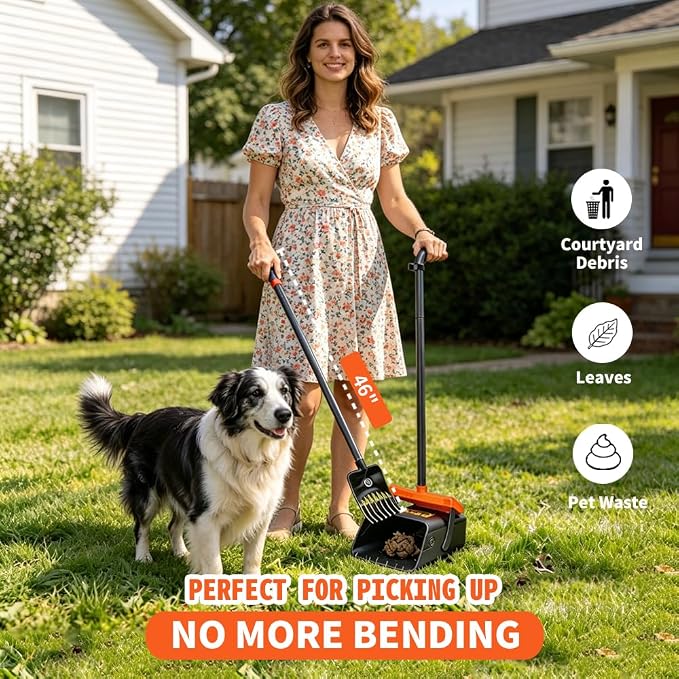 Pooper Scooper, 46" Long Handle Heavy Duty Picker-Upper, Swivel Bin Rake Kit with Bag Attachment, 100 Waste Bags for Small Large Dogs Puppy Poop Trash Litter Cleanup Yard Outdoor Pet Essentials