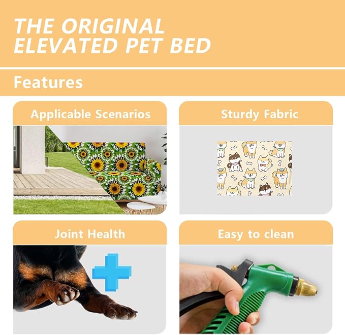 Cartoon Yellow Dog Bone Pattern Orthopedic Elevated Dog Pet Bed (35"X25"X8"),with Metal Frame,Breathable Waterproof Dog Kennel,Sleeping Bed for Small Medium Large Dogs Cats,for Home,Outdoor Use