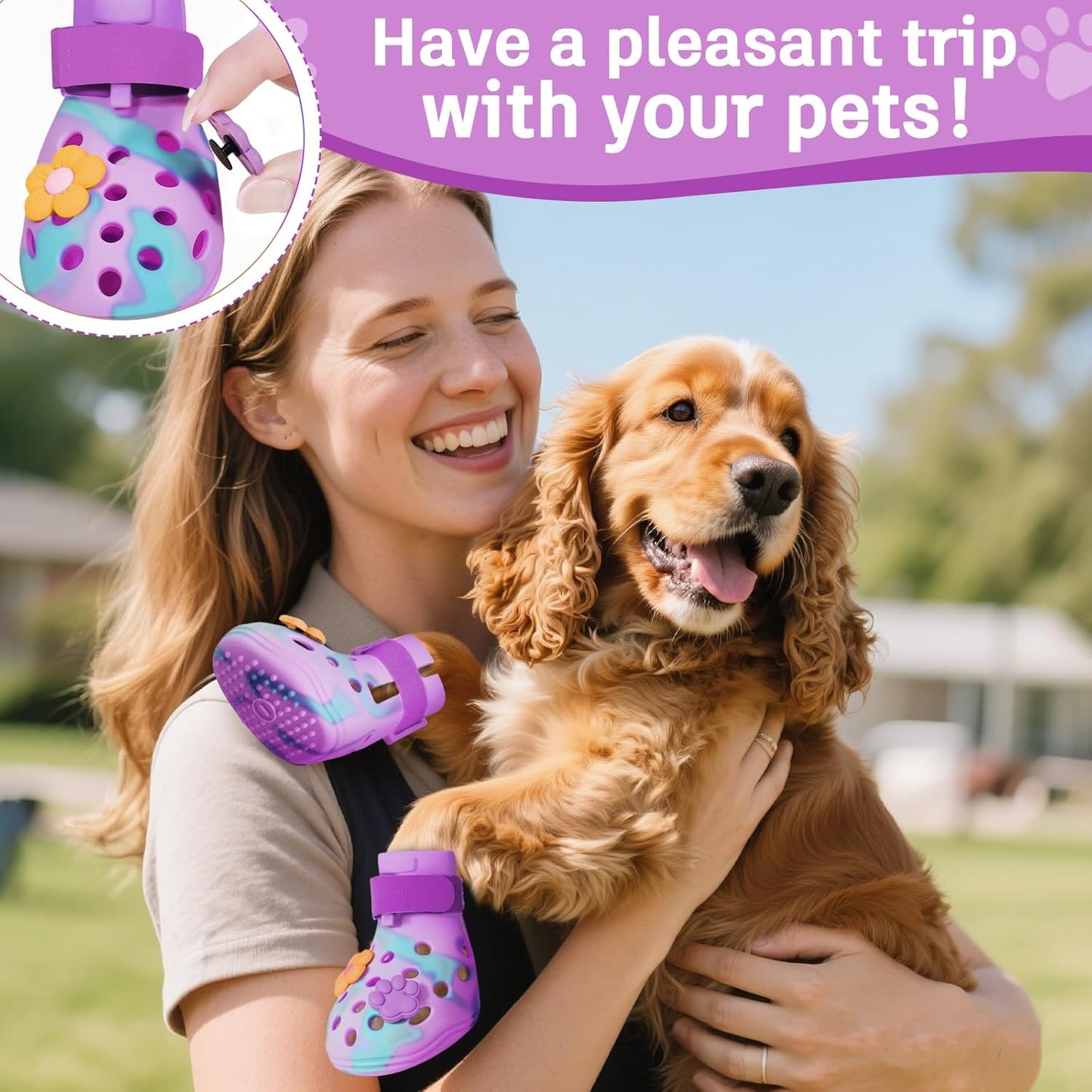 Dog Shoes for Hot Pavement, Adjustable Magic Tape Boots for Small, Medium & Large Dogs, Anti-Slip, Easy to Clean Paw Protectors for Beach, Outdoor & Hot Weather (Purple M)