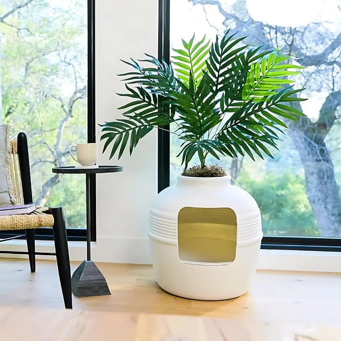 Good Pet Stuff Original Hidden Litter Box Planter, Decorative Cat Litter Enclosure with Carbon Filter, Artificial Palm Plant, Upgraded Design, Easy Clean Litter Tray, Essentials Kit, White Birch
