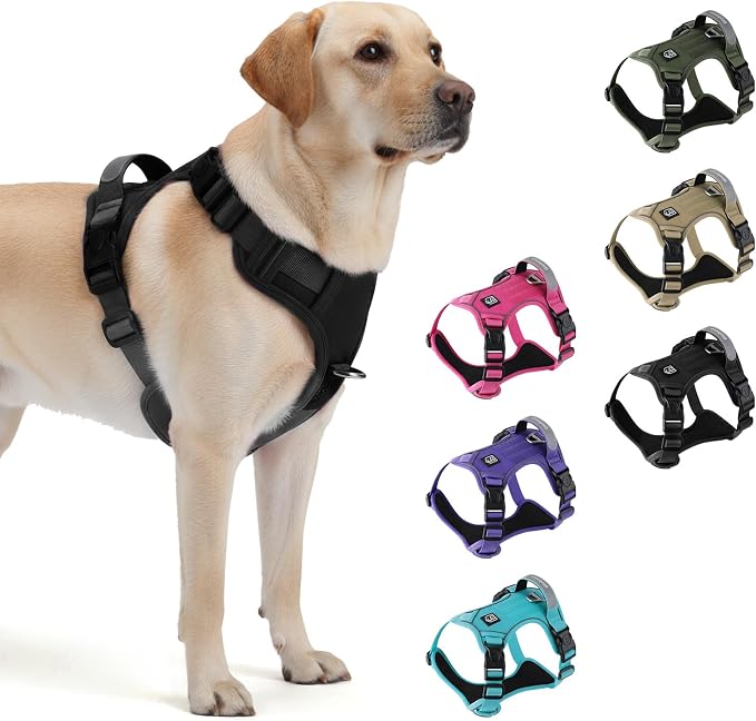 Heavy Duty Tactical Dog Harness for X-Large Dogs, No Pull Dog Harness with Handle & Front Clip, Reflective Soft Padded, Hook and Loop Panel, Dog Vest for Walking, Service Training, Black