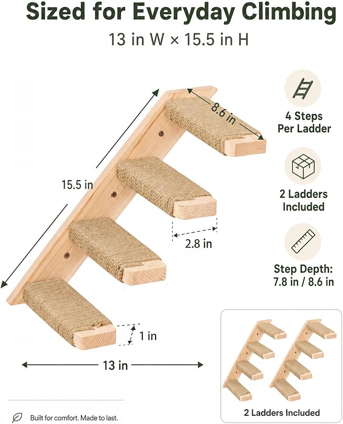 Cat Wall Shelves Set with Sisal Cats Window Perch, 4 Piece Wood Climbing Furniture with Curved Sisal Bed, Flat Shelf & Two Wall-Mounted 4 Steps Cat Stairs