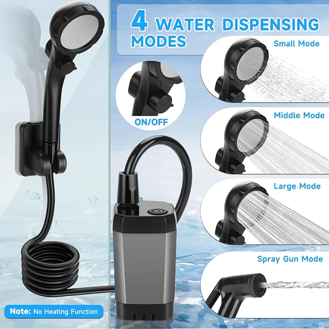 vignuto Portable Shower for Camping, Rechargeable Camping Shower Pump with LED Display of Battery Level and Temperature