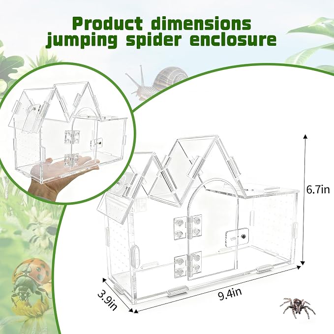 Jumping Spider Enclosure, 9.5" x 3.9" x 6.7" Acrylic with Magnetic Door Transparent Enclosure for Reptile Tarantula Jumping Spider Gecko Amphibians Chameleon