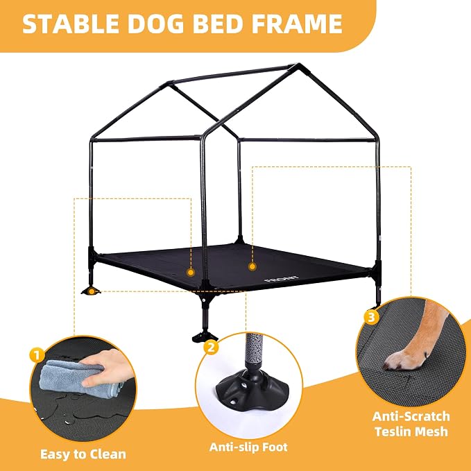 Dog House, 36” Large Dog House Outdoor Indoor Elevated Dog Cot Bed | 2-in-1 Outside Dog Tent Shade, Three-Sided Breathable Mesh Windows, Easy to Install, Waterproof Canopy, Non-Slip Feet