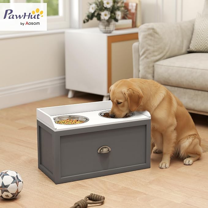 PawHut Feeding Station with Storage Drawer, Food Storage Cabinet with 2 Removable Elevated Bowls for Large Sized Dogs, Gray | 2 Removable Elevated Pet Bowls, for Large Sized Breeds