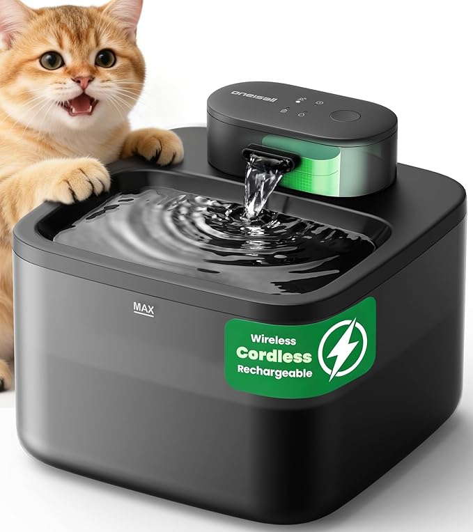 oneisall Wireless Cat Water Fountain: 74oz/2.2L Cordless Pet Water Fountains, 4000mAh Battery Operated Ultra-Quiet Integrated SilentFlow™ Pump for Cats Indoor, Automatic Cat Water Dispenser, BPA-Free