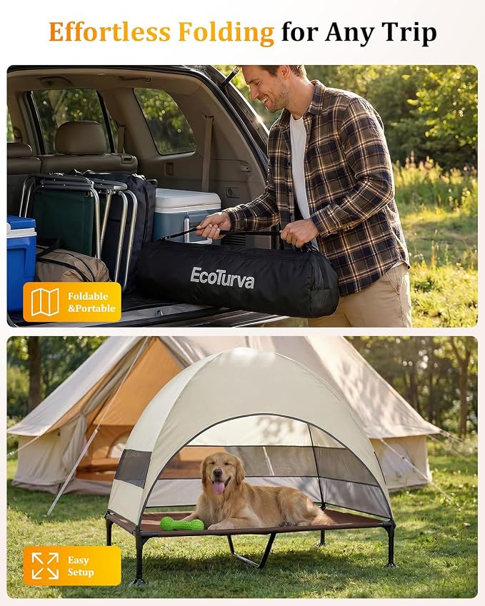 Elevated Dog Bed with Canopy - 3-Sided UV Protection Pet Tent with Wider Shade, Raised Cooling Outdoor Dog Cot with Breathable Mesh for Medium Large Dogs, Portable Bed for Camping, Patio (Khaki, XL)