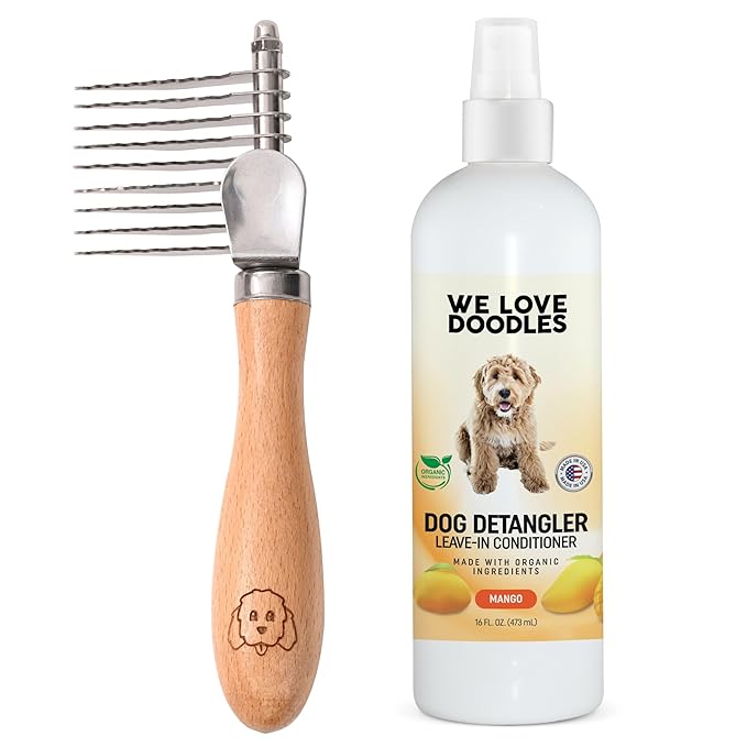 We Love Doodles Dog Grooming Detangler Brush & Rake (Mango Detangler Spray Bundle) - Stainless Steel Blades - For All Hair Types & Sizes - Safe & Gentle Formula - Made in USA
