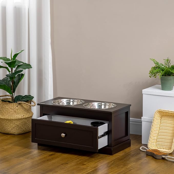 PawHut Large Elevated Dog Bowls with Storage Drawer - 11L Capacity, Raised Dog Bowl Stand Feeding Station, Brown | Raised Dog Bowl Stand, Pet Food Bowl, Pet Feeding Station