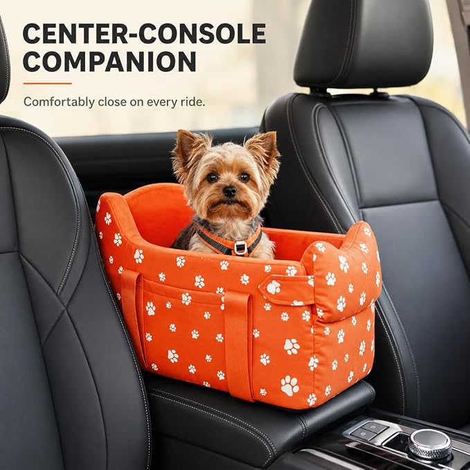 Dog Car Seat for Small Dogs 5-15 lbs, Tomato Red | Center Console Puppy Booster and Portable Travel Bed, Anti-Collapse Design with Washable Fluffy Cushion