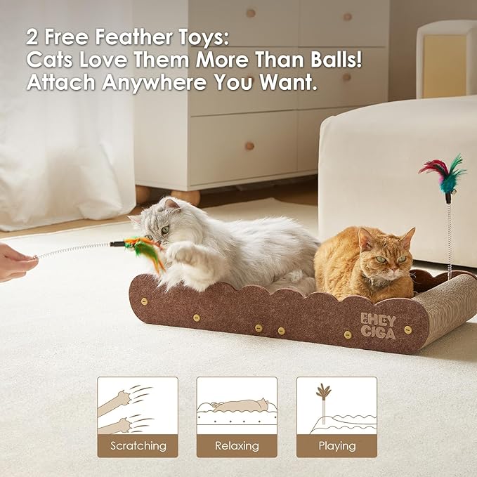 EHEYCIGA 26'' Large Cardboard Cat Scratcher Bed with 2 Cat Teaser Toy | Extra Large Fun Zone, Orthopedic Cat Couch Scratcher for Indoor Cats, Durable Cat Scratching Board, Easy Install