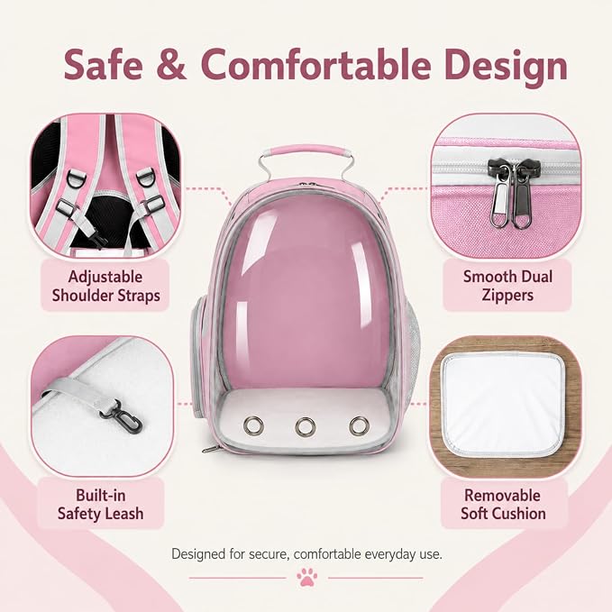 Expandable Cat Carrier Backpack for Cats & Dogs, Bubble Window Pet Travel Backpack with Breathable Mesh, Anti-Collapse Structure, Side Door, Safety Leash, for Vet Visits, Hiking, Outdoor, Pink