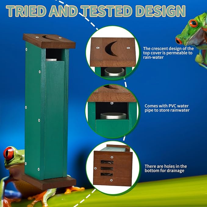 Tree Frog House for Many Species of Tree Frogs, Deluxe Wood Tree Frog Nest Frog Habitat Frog Shelter for Outside Garden, Indoor Breeding (Green)