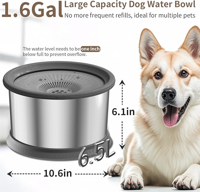 6.5L Dog Water Bowl No Spill 1.6 Gallon Stainless Steel Water Bowl for Dogs 220oz Large Capacity No Splash Slow Drinking Feeder with Anti-Slip Mat for Messy Drinkers 6.5L+2 Filters