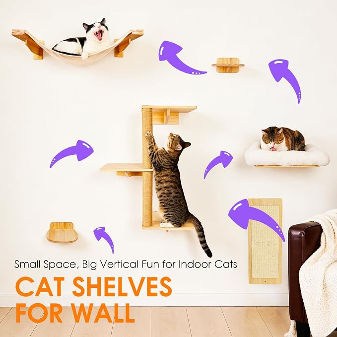 6in1 Cat Wall Shelves Climbing Systems, Large Cat Furniture Shelf Set Wall Hanging Mounted, Hammock Sisal Scratching Perch Bed 2 Steps Tower Tree for Indoor House Corner Ladder