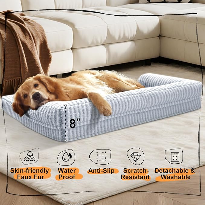 Orthopedic XL Dog Bed with Bolster for Extra Large Size Dogs | Pillow Support for Neck Relief, Egg Crate Foam, Skin-Friendly Surface, Waterproof Liner, Anti-Slip Bottom, 42 x 30 Inch