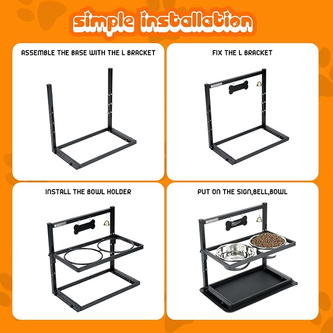 SHAINFUN Elevated/Raised Dog Bowls Stand Adjusable Height with Two 1.7L Stainless Steel Food Bowls and Spill Proof Mat, for Large and Medium Dogs.