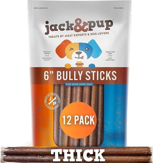 Jack&Pup 6 Inch Thick Bully Sticks for Dogs (12 Pack) Bully Stick Dog Chews, Single Ingredient 100% Beef Bully Sticks for Medium and Large Dogs