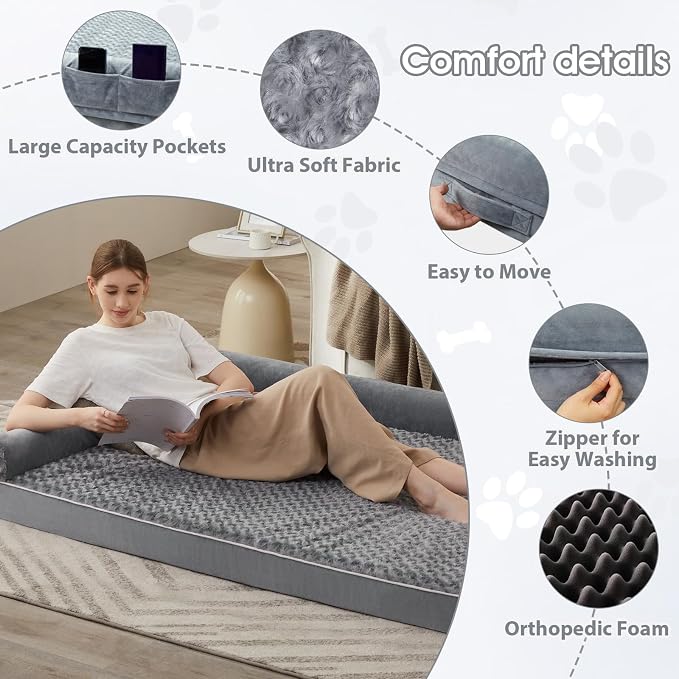 BFPETHOME Orthopedic Washable Human Dog Bed for Adult & Dog Cozy Sleep | Human Size Waterproof Big Soft Pet Couch Bed for Adult & Dogs Relax with Removable Cover Supportive Foam Grey 61x43 Inch