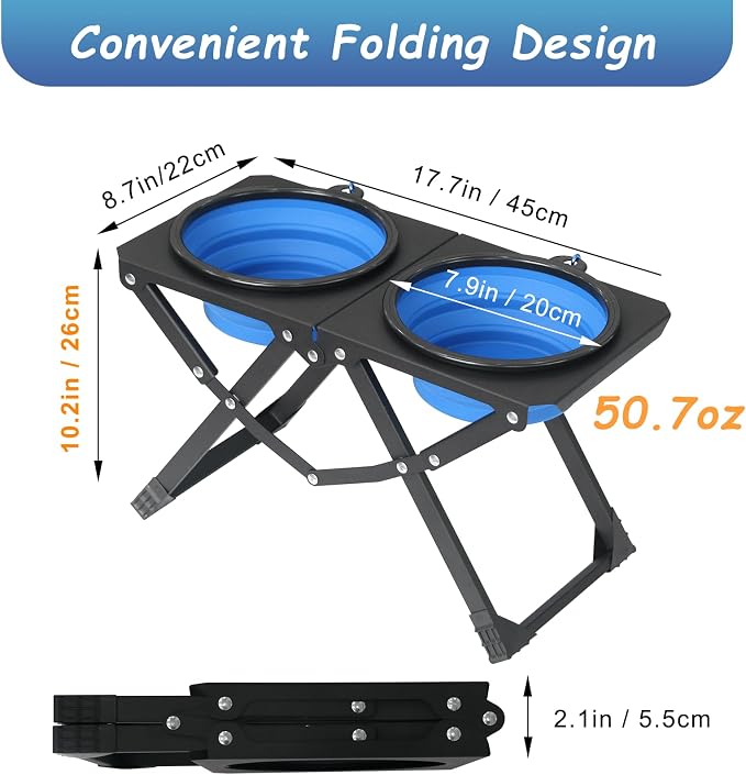 Foldable Elevated Dog Bowl Holder with 2 Large 50.7oz Folding Water Bowl, 10.2" Tall Raised Dog Bowl Stand for Medium/Large Breeds, Indoor and Outdoor Use