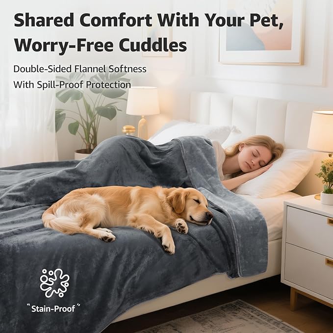 LOOBANI Waterproof Blanket for Queen Bed, Reversible Soft Flannel, 80"x90" | Waterproof Dog Blankets for Large Dogs, Spill-Proof Couch Cover for Family Movie Nights, Camping, Travel, Noise Free, Grey