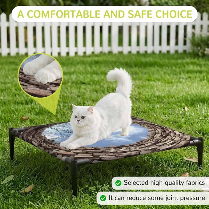 Outdoor Elevated Dog Bed for Small Dogs, Circular Well Breathable Cooling Raised Dog Cot for Indoor/Outdoor, Tree Branches Sky Vintage Aged Waterproof Elevated Pet Beds, S 20 x 20 in