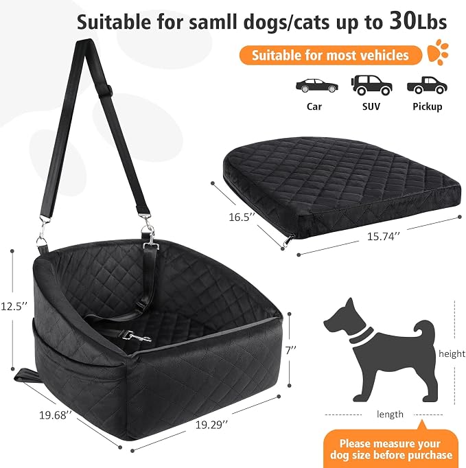 NEEZUKAR Dog Car Seat for Small Medium Dogs,Detachable Washable Dog Booster Seat Under 30lbs, Pet Car Seat Travel Bed with Storage Pockets and Dog Safety Belt (Black)