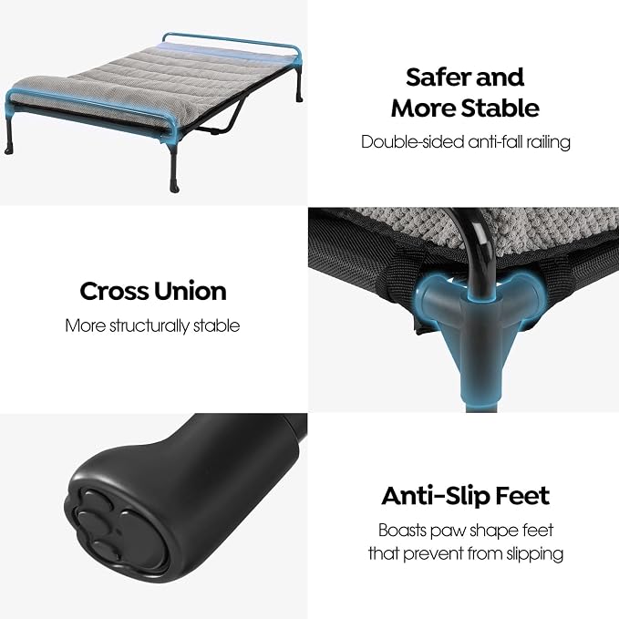 Veehoo Elevated Raised Dog Bed+Removable Padded Bolster-Cooling Outdoor Indoor Dog Cot Bed with Railing for Large Sized Dogs, Pet Cot Dog Hammock Bed Elevated Dog Couch Ded with Bolster-53 x 33"