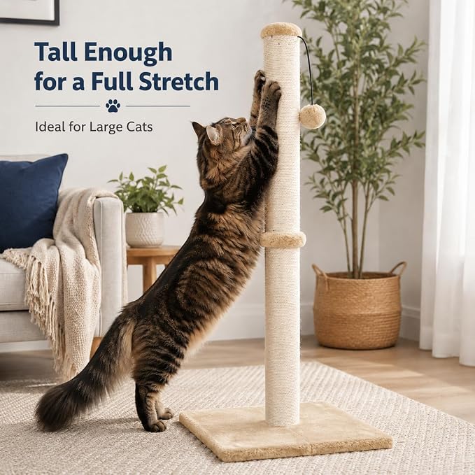 Dimaka 34" Height Tall Cat Scratching Post, Claw Scratcher with Sisal Rope and Covered with Soft Smooth Plush, Vertical Scratch [Full Strectch] (Light Brown, 34 inches for Large Cats)