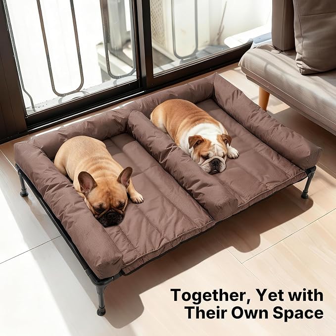 Veehoo Elevated Dog Bed for 2 Dogs, Cooling Raised Dog Bed with Bolster Mat | Outdoor Double Dog Bed with Removable Waterproof Cushion, Breathable Mesh, Non-Slip Feet for Outdoor & Indoor, 53", Brown