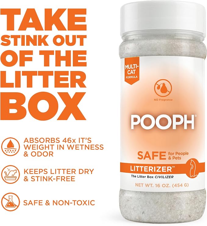 Pooph Litterizer – 16oz Bottle – Absorbs 46x Weight In Wetness & Odor – Keeps Litter Dry, Reduces Mess, Reduce Litter Costs And Get A Stink-Free Litter Box – Without Fragrances Or Harsh Chemicals
