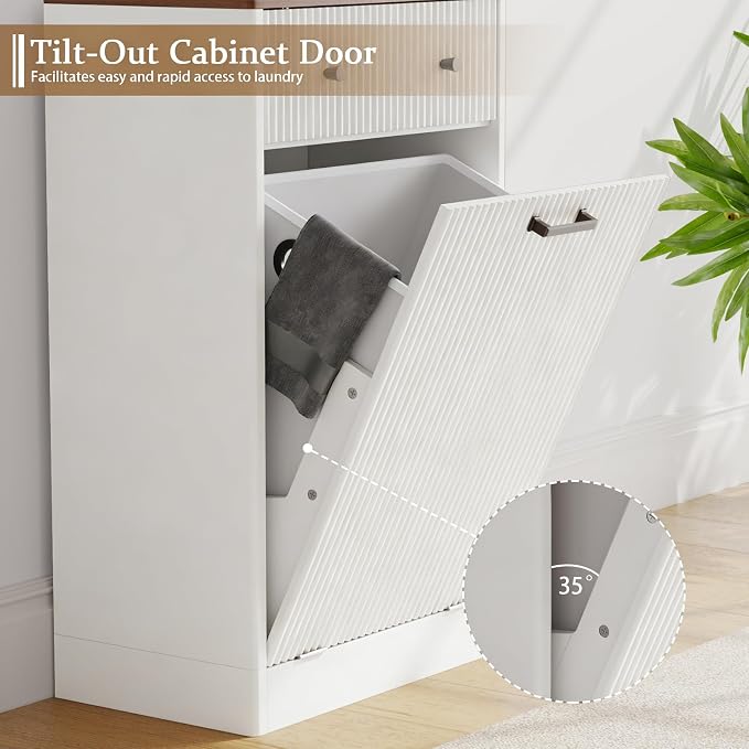 10 Gallon Tilt Out Trash Can Cabinet with Drawer - Modern Fluted Hidden Garbage Bin Holder, Curved Edge Wooden Laundry Hamper Cabinet, White