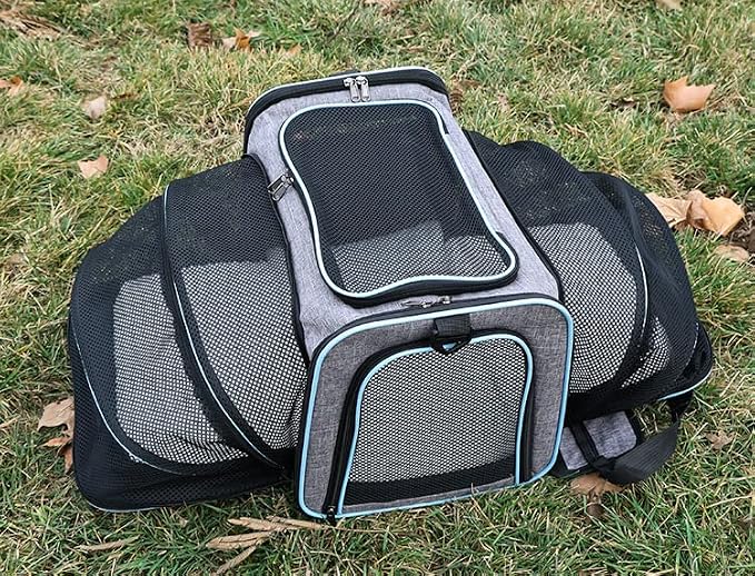 Expandable Cat Carrier Pet Carrier with 2 Extensions,Airline Approved Soft-Sided Portable Dog Travel Washable Carrier for Kittens,Puppies,Removable Soft Plush Mat (Grey Blue, Small)