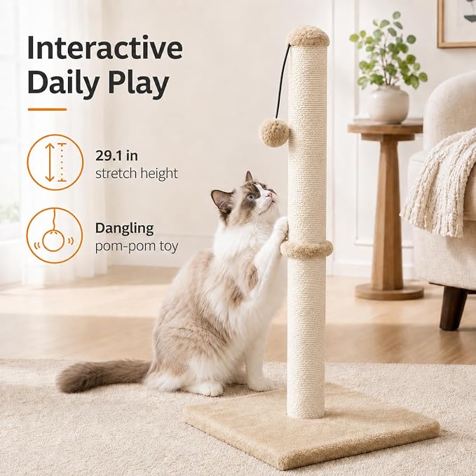 Dimaka 34" Height Tall Cat Scratching Post, Claw Scratcher with Sisal Rope and Covered with Soft Smooth Plush, Vertical Scratch [Full Strectch] (Light Brown, 34 inches for Large Cats)