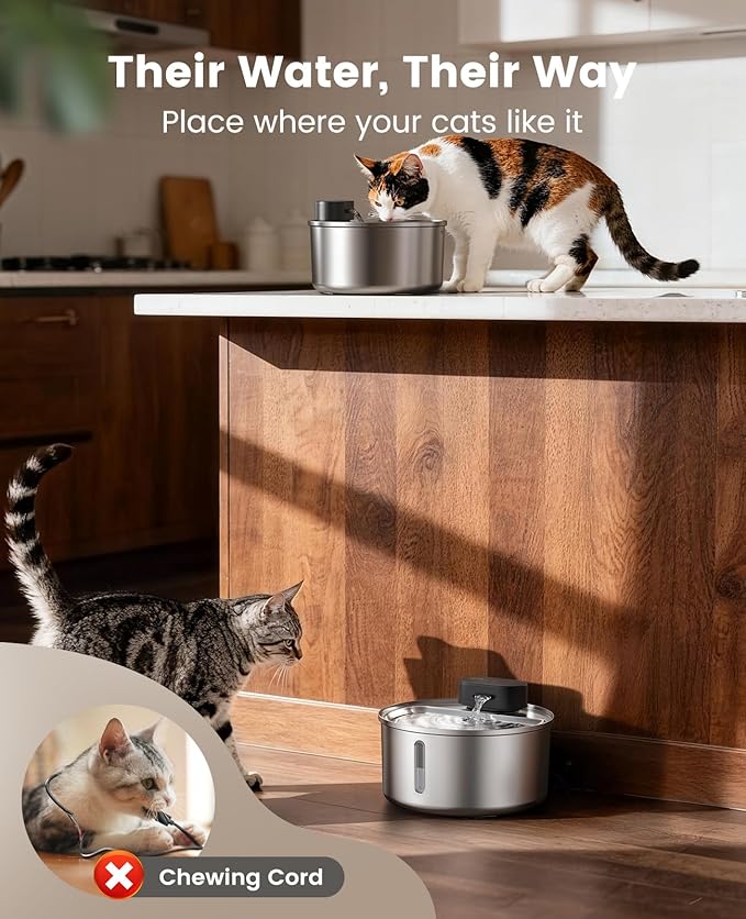 oneisall Cat Water Fountain Wireless: Stainless Steel 3.2L/108oz Cordless Pet Water Fountain, Ultra Quiet SilentFlow™ Pump, Battery Operated Automatic Water Dispenser for Cats Indoor, Motion Sensor