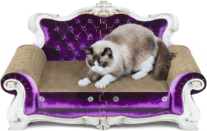 Luxury Cardboard Cat Scratcher Sofa Bed, Couch Shaped Cat Scratching Board, Cat Scratch Lounge with Catnip, Cat Scratcher for Indoor Cats (Purple Crown)