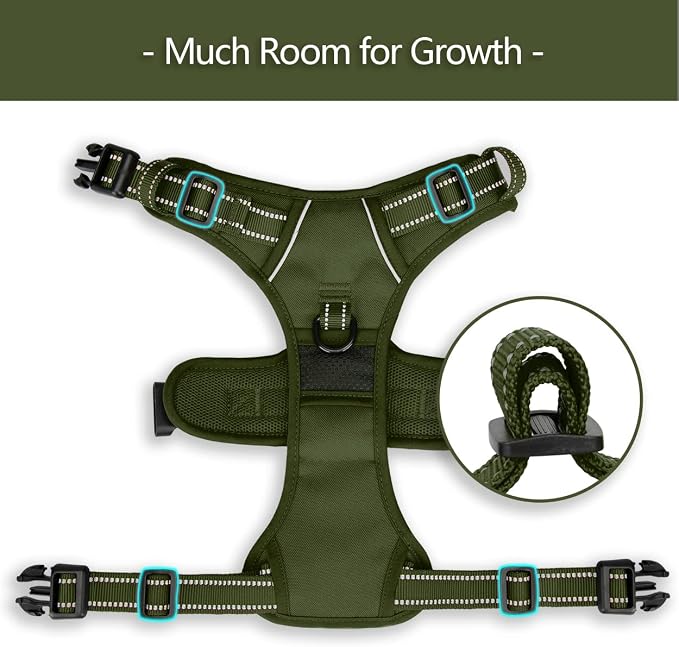 PoyPet No Pull Dog Harness, Reflective Vest with 2 Leash Clips & Handle | Lockable Neck Release Buckle, No Choke, Adjustable, Soft Padded, for Walking Training, Military Green, X-Large