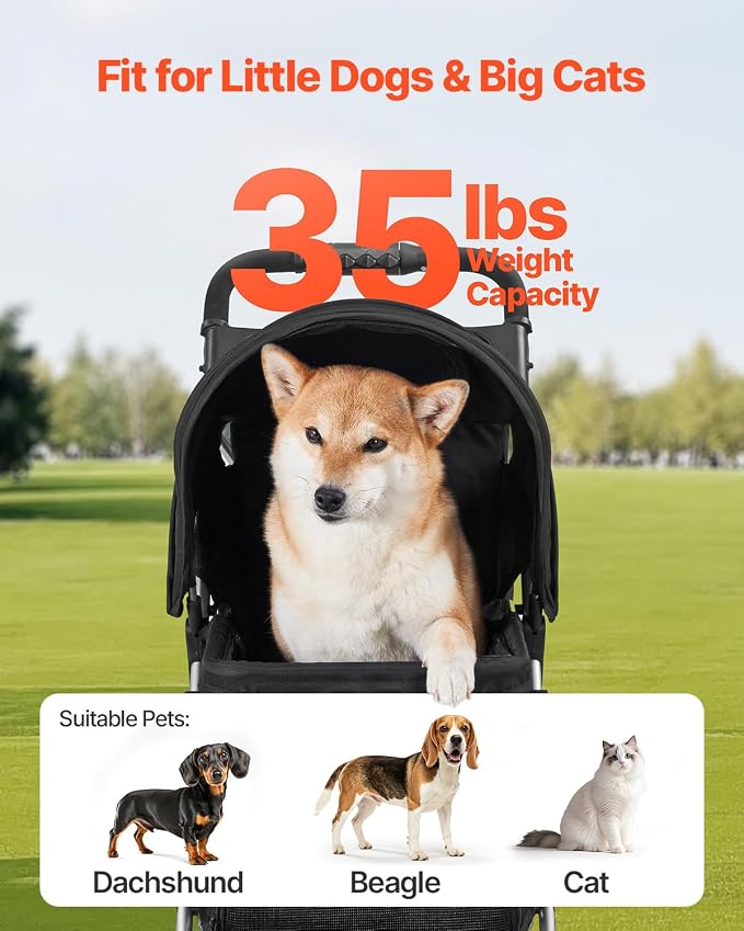 VEVOR Pet Stroller, 35 lbs Weight Capacity, Foldable Dog Cart, 3 Wheels Cats Carts with Mesh Windows and Cup Holders, Portable Pet Carrier Stroller with Brake, for Small to Medium Pets