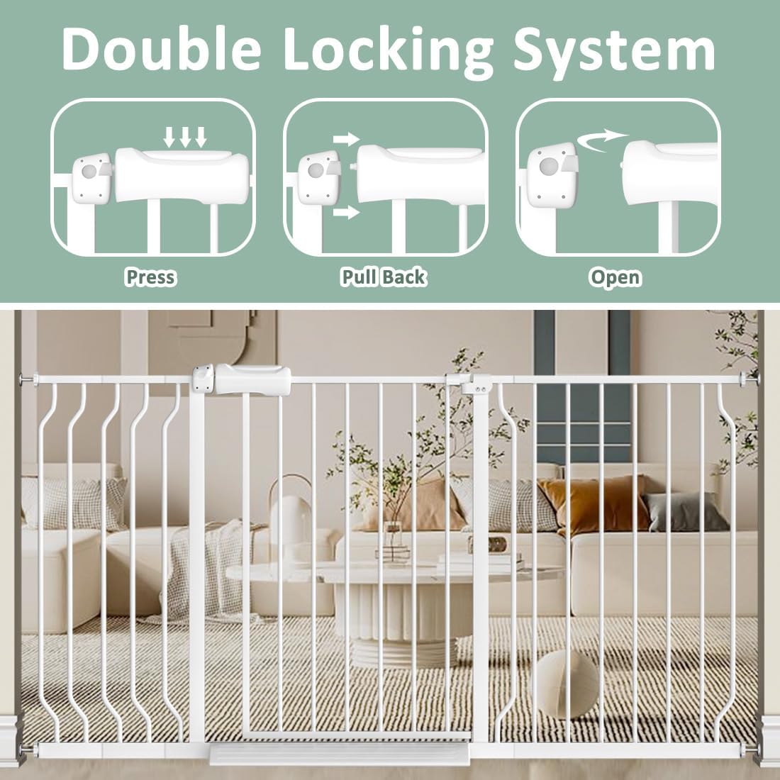 TSAYAWA Extra Wide Baby Safety Gate 29.6-33.8Inch Auto Close Child Gates, Pressure Mounted Gate for Stairs & Doorways, Indoor/Outdoor Heavy-Duty Pet Gate for Toddlers, Dogs, White